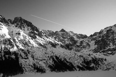 Low angle view of snow covered mountains against clear sky