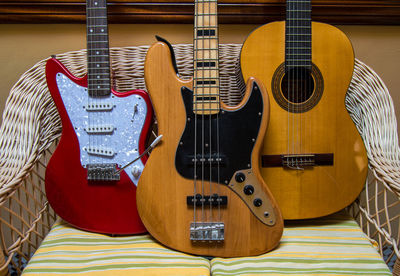 Close-up of guitars on seat