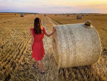 Rear view of woman in red dress standing near a hay bale at sunset