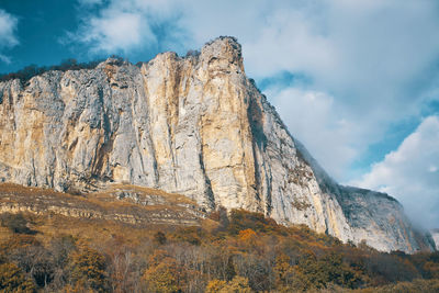 Low angle view of rock formations against sky