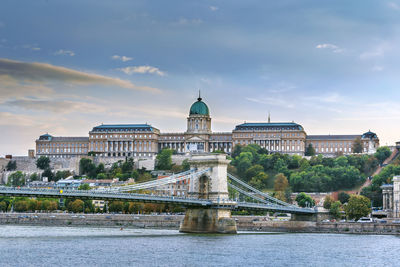 View of buda castle and szechenyi chain bridge, budapest, hungary