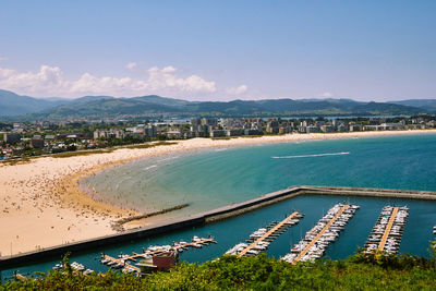 High angle view of bay against sky