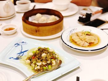 High angle view of food served on table