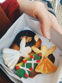 Cropped image of hand holding christmas cookies in paper plate