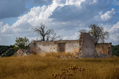 Abandoned building on field against sky