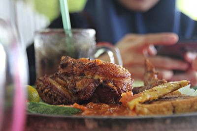 Close-up of meat served in plate on table