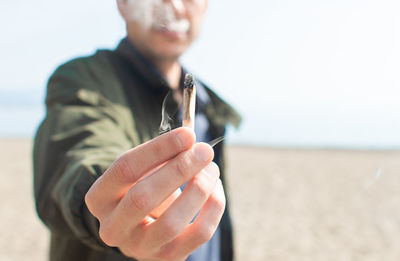 Midsection of man holding leaf at beach against sky