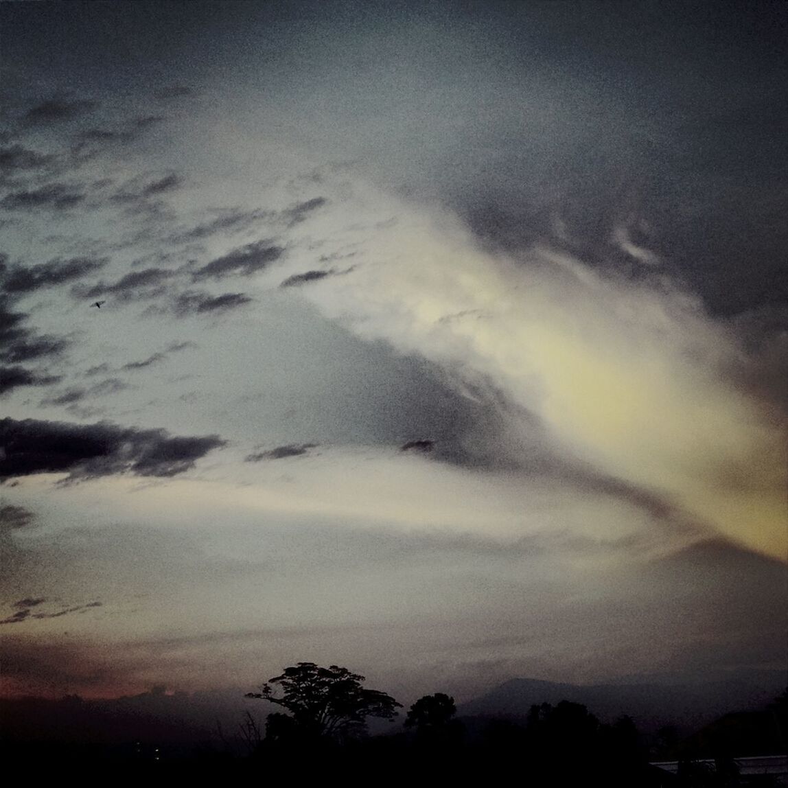 sky, silhouette, cloud - sky, scenics, beauty in nature, low angle view, tranquility, cloudy, weather, tree, tranquil scene, nature, dusk, overcast, idyllic, storm cloud, cloud, cloudscape, outdoors, atmospheric mood