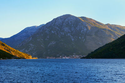 Coastal town among the mountains . kotor bay mountainous coast