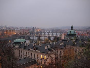 High angle view of buildings in city against clear sky