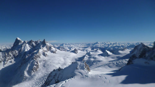 Scenic view of snowcapped mountains during sunny day