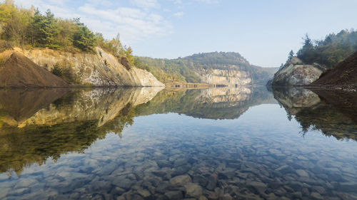 Scenic view of lake and mountains against sky