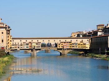 Arch bridge over river by buildings against sky