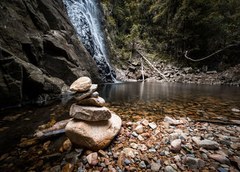 Scenic view of river flowing through rocks in forest