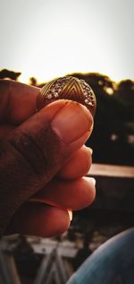 Close-up of hand holding leaf against blurred background