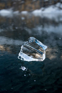 High angle view of ice crystals on water