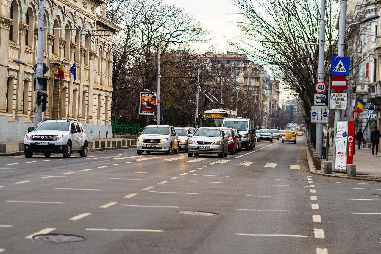 CARS ON STREET AGAINST BUILDINGS IN CITY