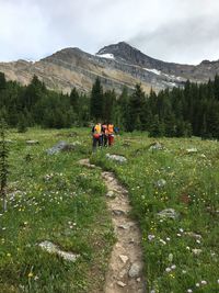 Rear view of people walking on mountain against sky