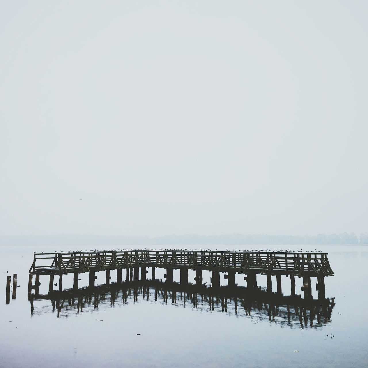 copy space, water, clear sky, waterfront, built structure, sky, tranquility, pier, architecture, nature, wood - material, tranquil scene, reflection, lake, day, outdoors, no people, sea, weather