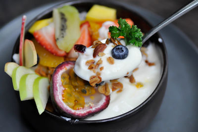 High angle view of breakfast served in plate