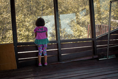 Rear view of woman standing by window