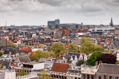 High angle view of houses against sky