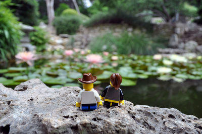 Close-up of people on rock by flower