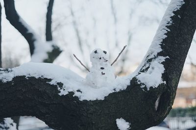 Snowman in tree against sky