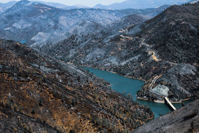 High angle view of lake and mountains