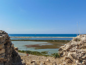 Scenic view of beach against clear blue sky