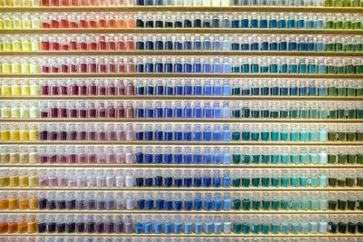 Full frame shot of multi colored liquid in bottle