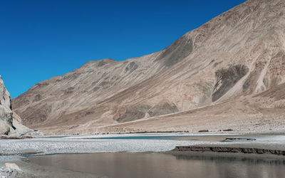 Scenic view of lake and mountains against clear blue sky