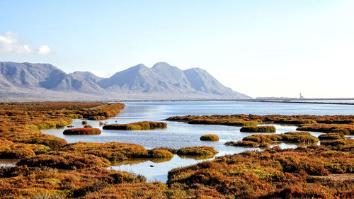 Scenic view of lake and rocks against sky