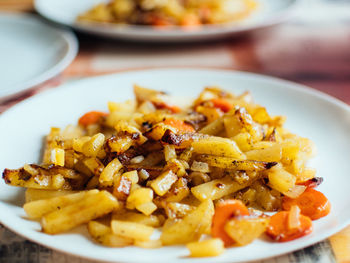 Close-up of pasta served in plate