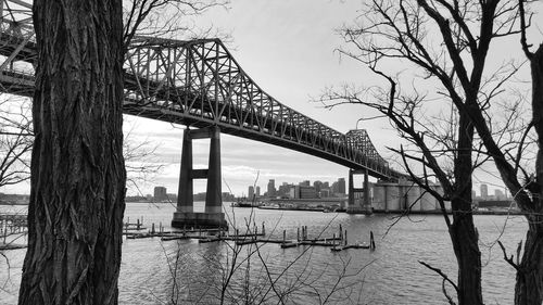 Bridge over river with city in background