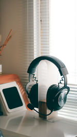 High angle view of headphones on table