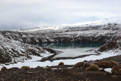 Scenic view of lake by snowcapped mountains against sky