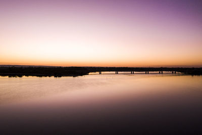 Scenic view of lake against clear sky during sunset