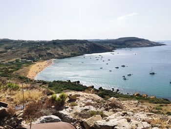 High angle view of bay against sky