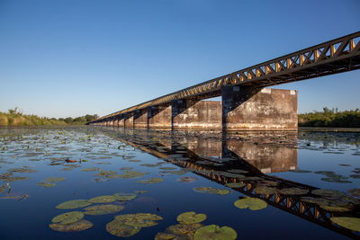 Bridge over river against clear blue sky