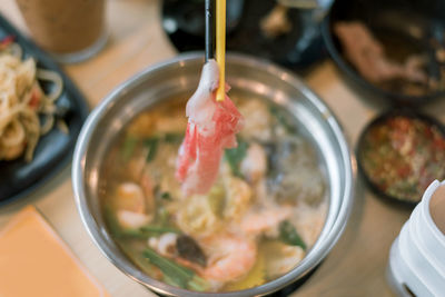 High angle view of food in bowl on table