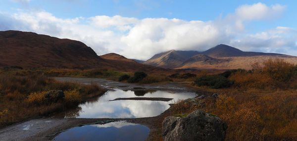 Scenic view of lake and mountains against sky