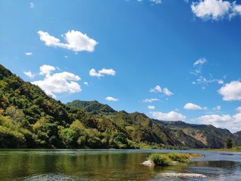 Scenic view of lake and mountains against sky