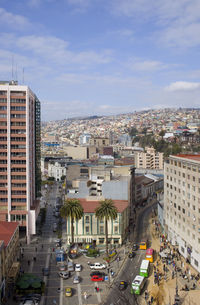 High angle view of buildings in city against sky