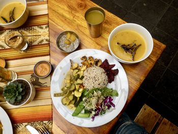 High angle view of breakfast served on table