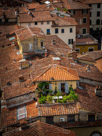 High angle view of old buildings in town