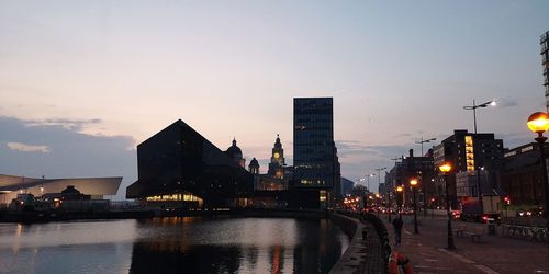 City at waterfront during sunset