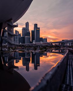 Modern buildings by river against sky during sunset