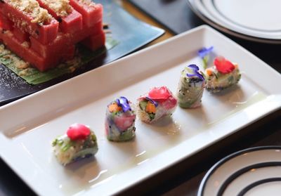 Close-up of sushi served in plate on table