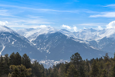 Scenic view of snowcapped mountains against sky at night